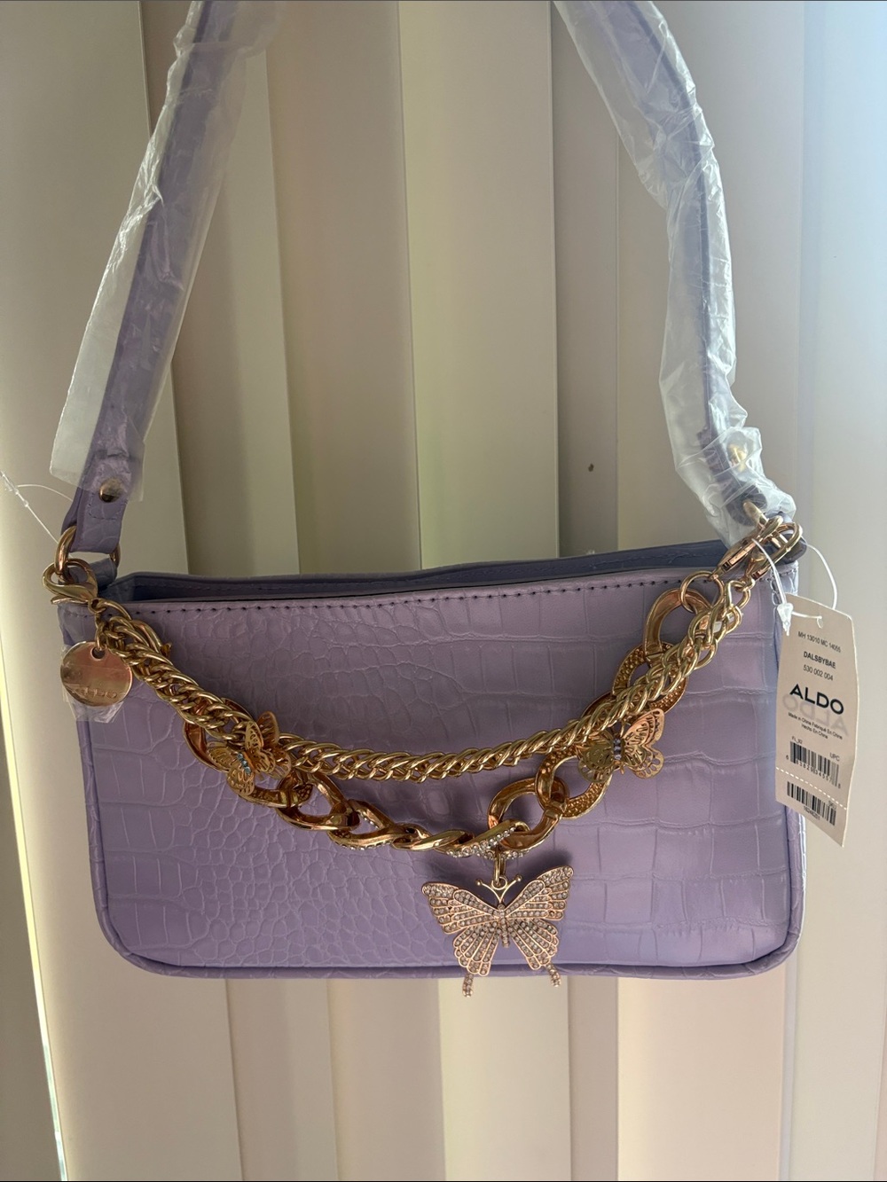 Aldo Lavender Croc-Embossed Shoulder Bag with Gold Chain & Butterfly Charms